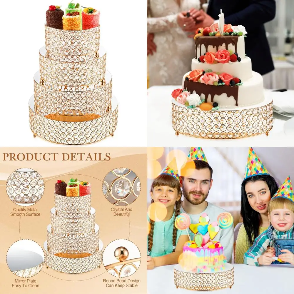 

Elegant 4-Piece Round Crystal Gold Cake Stand Set with Mirrored Base and Crystal Beads