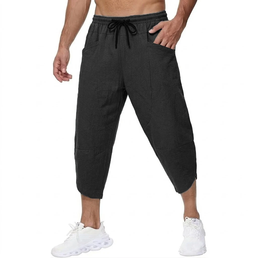 Summer Men's Linen Casual Short Pants Beach Gym Pockets Pants for Men Breathable Lightweight Baggy Pant Outdoor Gym Hiking Pants