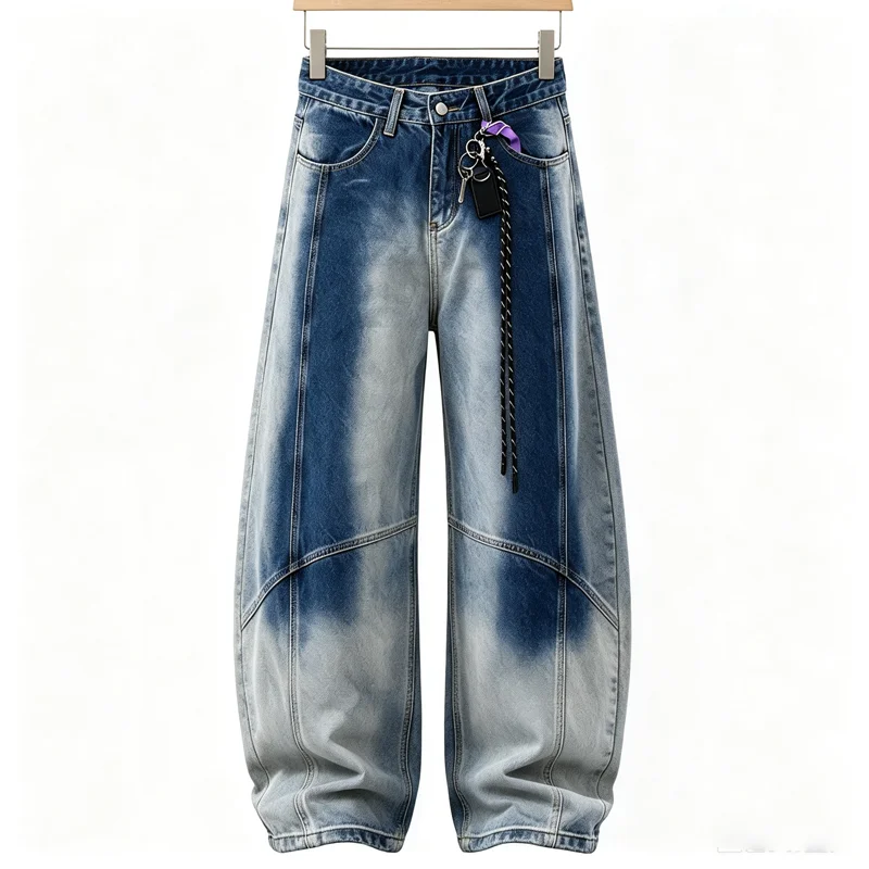 Y2K Baggy Jeans Men Women Vintage Gradient Wash Wide Leg Denim Pants Hip Hop Streetwear Loose Curved Blade Trousers with Chain