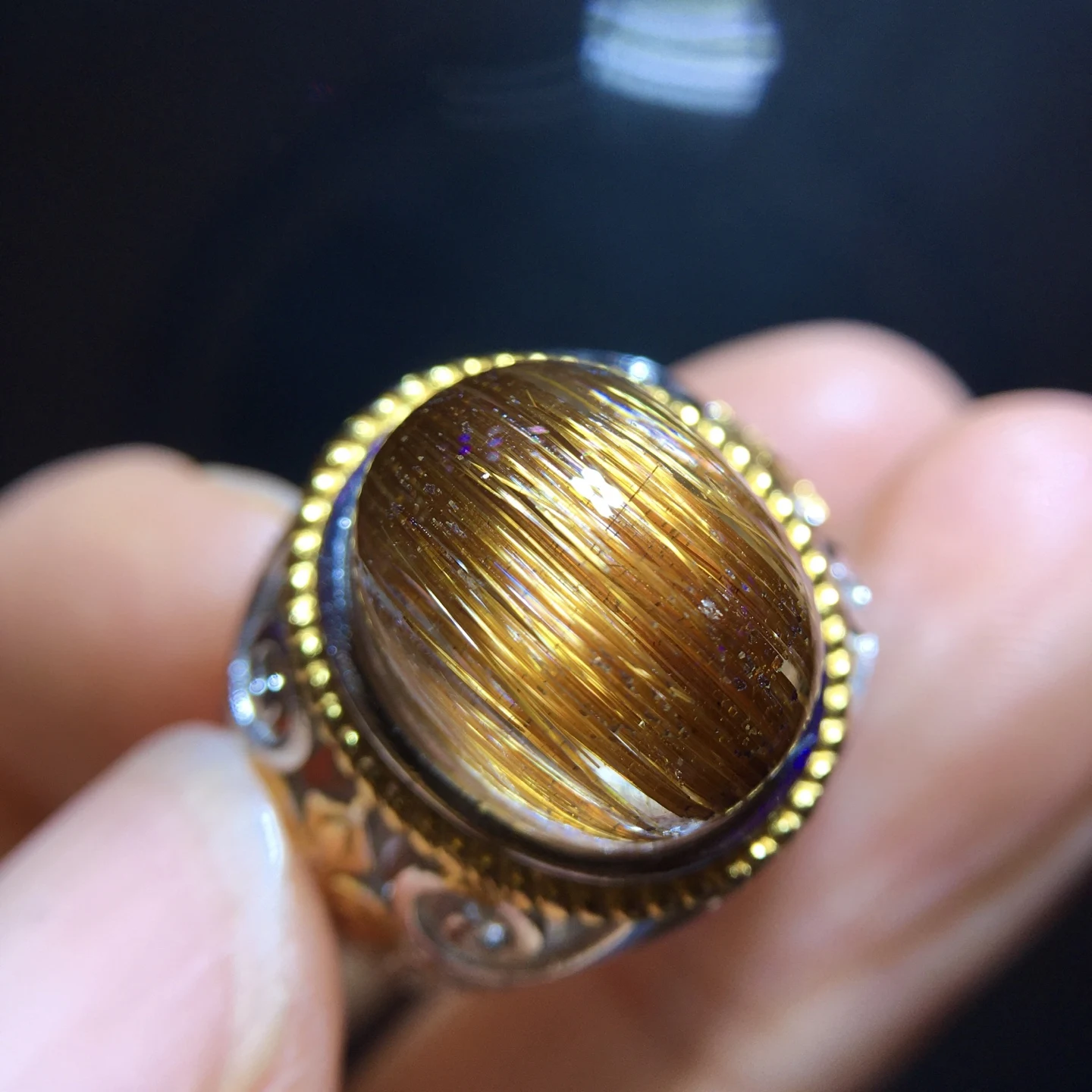 Natural Copper Rutilated Quartz Adjustable Ring 13.8/11mm Cat Eye Oval Women 925 Silver Yellow Rutilated Beads AAAAAA