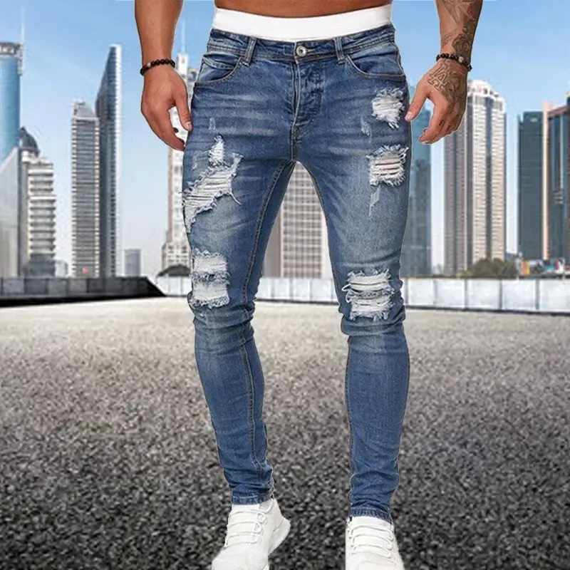 

Fashion Street Style Ripped Skinny Jeans Men Vintage Wash Sol Five-Quarter Length Other Brand 2024 Autumn Season Men's Jeans