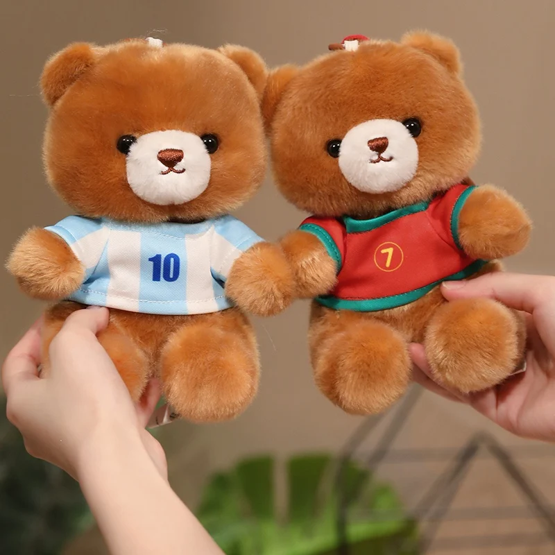 Cute Football Team Bear Plush Keychain Set Numbered Jersey Blue Red Soft Stuffed Teddy Doll Kawaii Sofa Room Decor Collectible