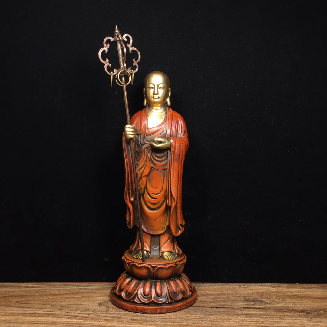 Pure copper gilded true gold Ksitigarbha Bodhisattva Length 9.5cm, width 9.5cm, height 24cm, weight 1255g