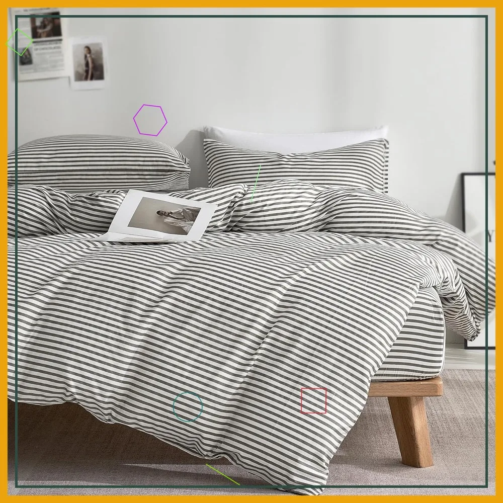 

100% Natural Cotton 3pcs Striped Duvet Cover Set, King Size, White with Grey Stripes, Zipper Closure & Corner Ties