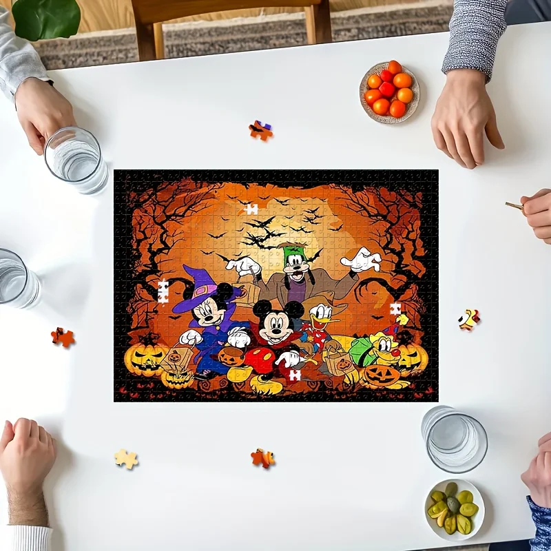 1000 pièces Puzzle personnages de dessins animés Halloween citrouille lanterne Mickey Mouse Minnie Mouse Donald canard Goofy et Pluto tenture murale