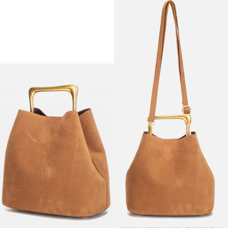 

Европейская и американская модная замшевая сумка-ведро, повседневная простая легкая роскошная сумка-тоут, сумка через плечо с металлической ручкой для женщин