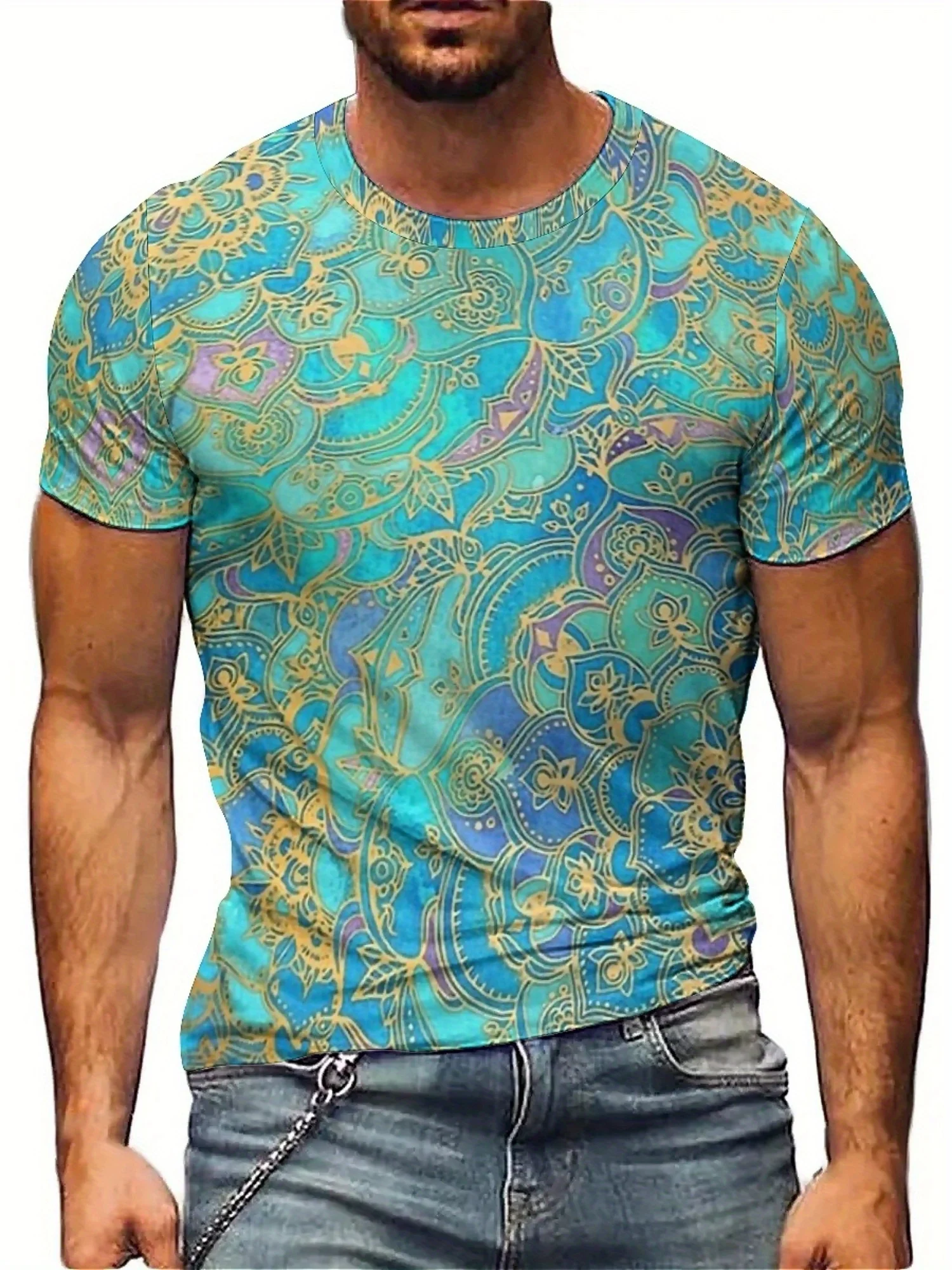 

Men'S Plus Size 3D Print T-Shirt - Soft, Comfortable Polyester Fabric, Lightweight & Breathable, Vibrant Blue & Golden Geometric