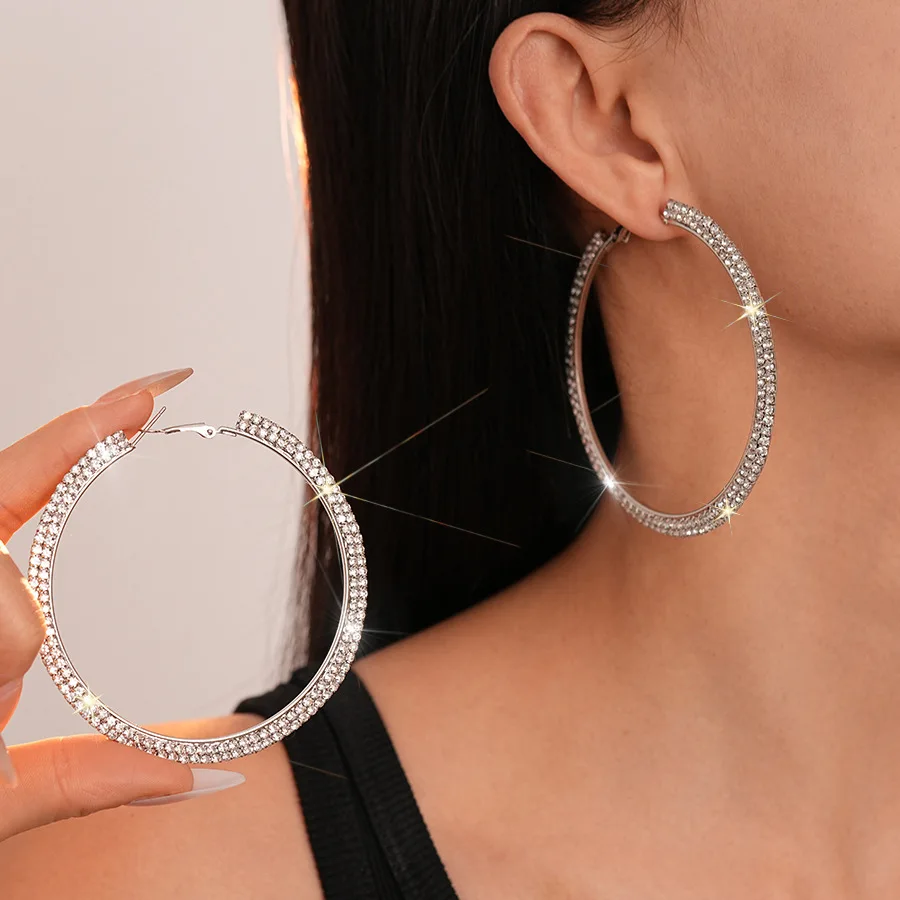Light luxury style diamond-set double-row diamond geometric circle silver needle earrings personality super flash temperament