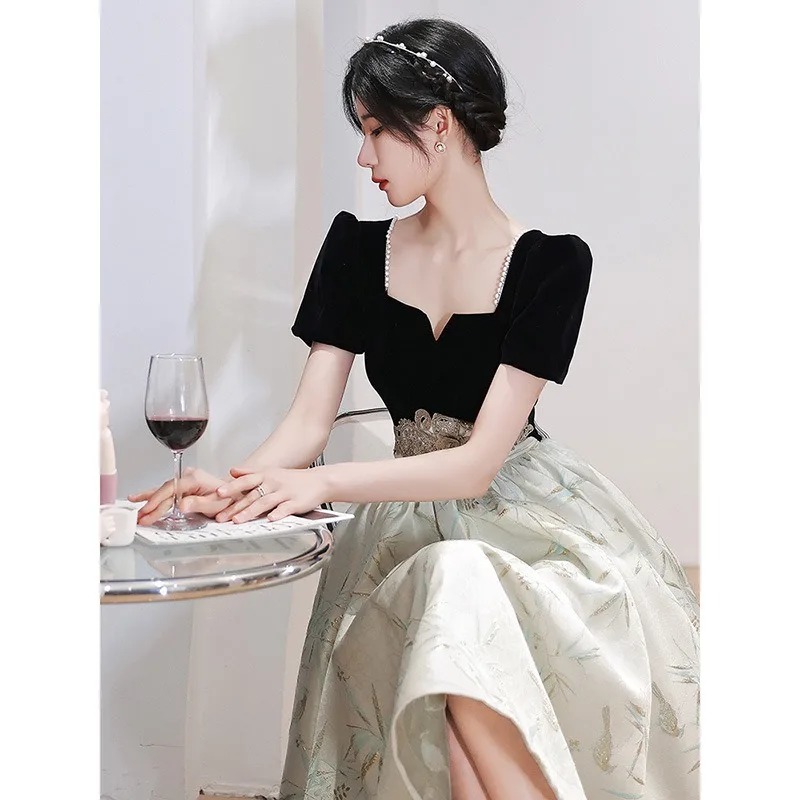 

Black Evening Dress Fashion Sexy 2025 New Spring Temperament Square Collar Short Sleeves Formal Women Elegant Party Dresses