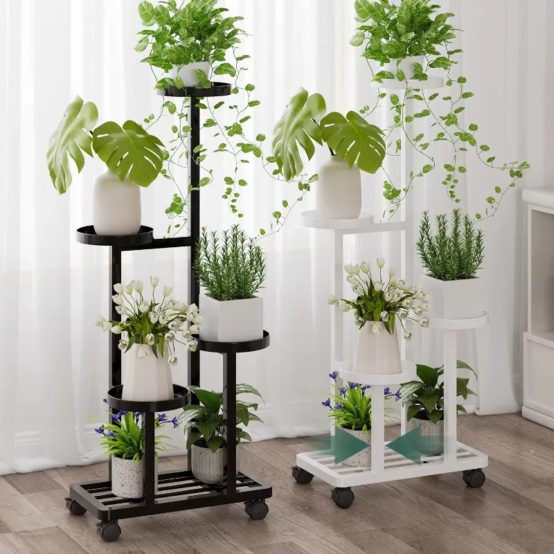 Multi-Layer Mobile Iron Art Succulent Plant Pot Holder Stand, Floor Standing Balcony Shelf Rack for Home Garden Decorative