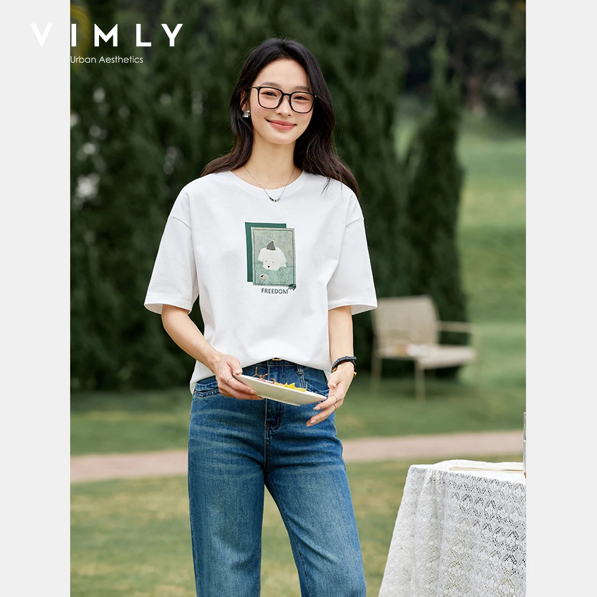 

VIMLY Women's Summer Short Sleeve T-shirt Loose Simple Graphic Pure Cotton T Shirt Woman 2025 Printed Top Ladies Clothes M6988