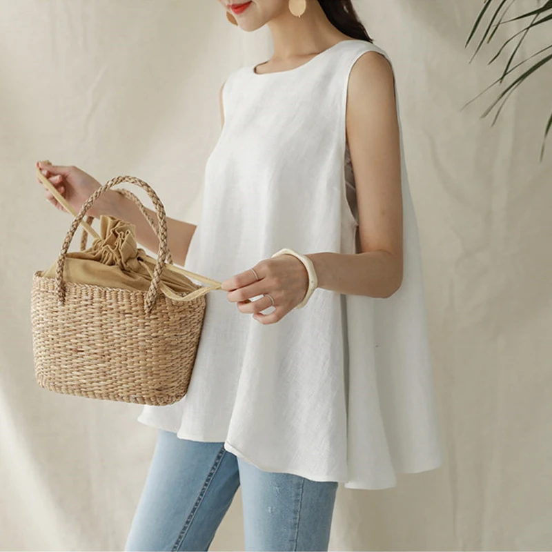 Summer O Neck Sleeveless Shirts with Belt Elegant Cotton Linen Blouse Women Casual Tops Fashion Solid Loose Clothes Blusas 27938