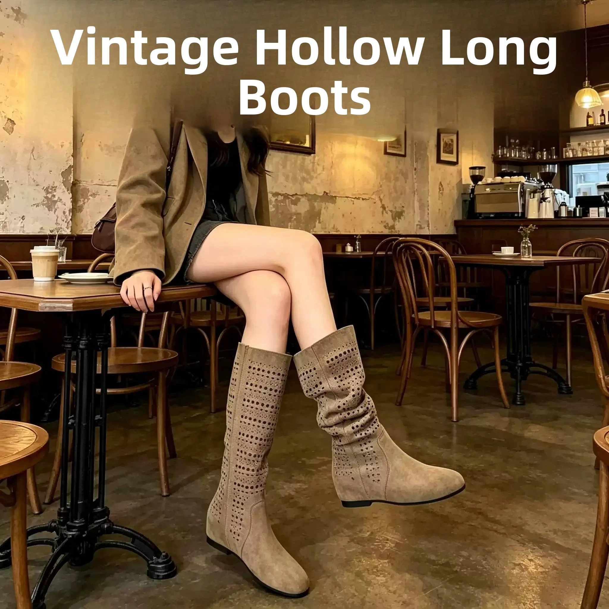 Women's Hollow out Long Boots Autumn New Style Knight Boots Increased Height Inner Fashion Boots Fall Winter Leather Boots