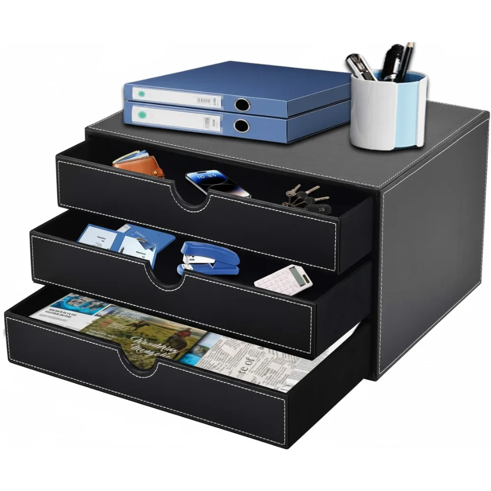 

Настольный органайзер из искусственной кожи с 3 ящиками, офисный ящик для хранения документов/ювелирных изделий/макияжа, черный