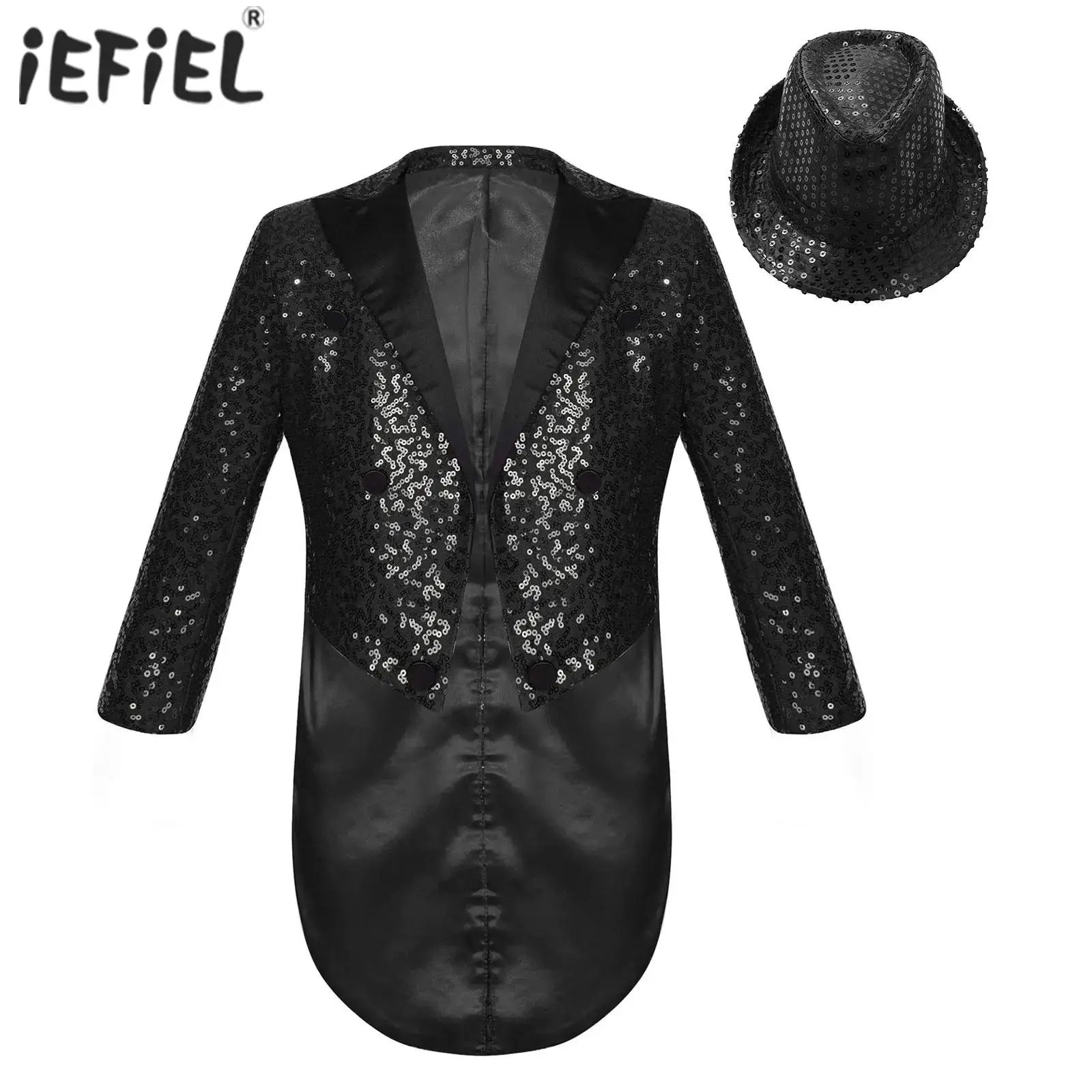 Kids Boys Sequins Tailcoat Magic Show Jazz Dance Performance Outfit Satin Lapel Open Front Long Sleeve Jacket Blazer with Hat