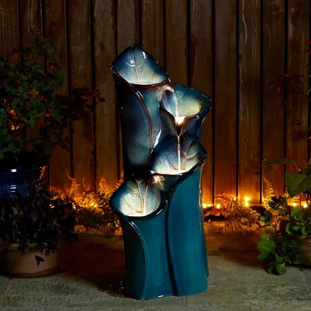 Fuente de agua para exteriores de 31.25 pulgadas de altura con luces LED y bomba, fuente de pie de 4 niveles con textura de hoja de loto turquesa, tipo jarrón.