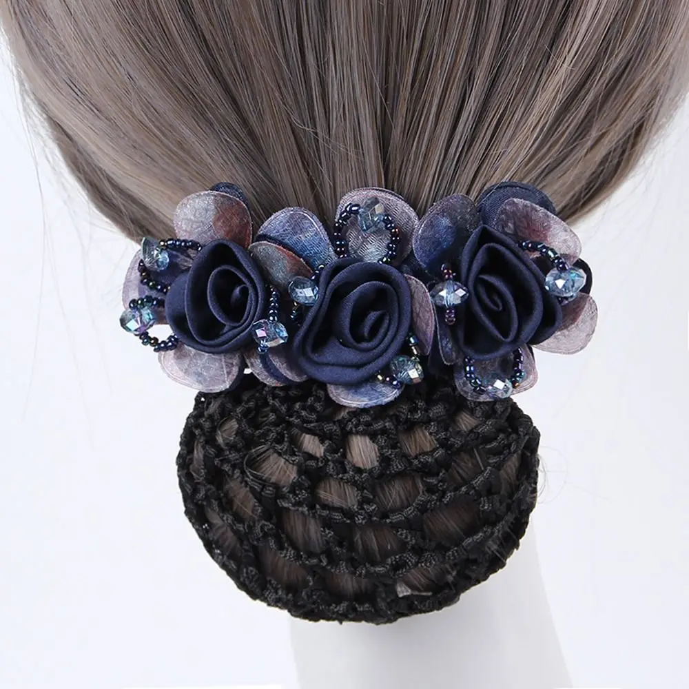 Spring Clip Nurses Beaded Mesh Floral For Flight Attendant Women Bun Net Zircon Flower Bun Snood Crystal Hairnet Cover