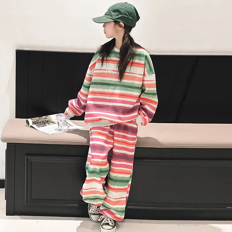 

ZOETOP 2025 Spring Autumn Junior Girl Tracksuit School Girl Colorful Stripes Pullovers Top+Sport Pants Trousers 4-14Y Girls Sets