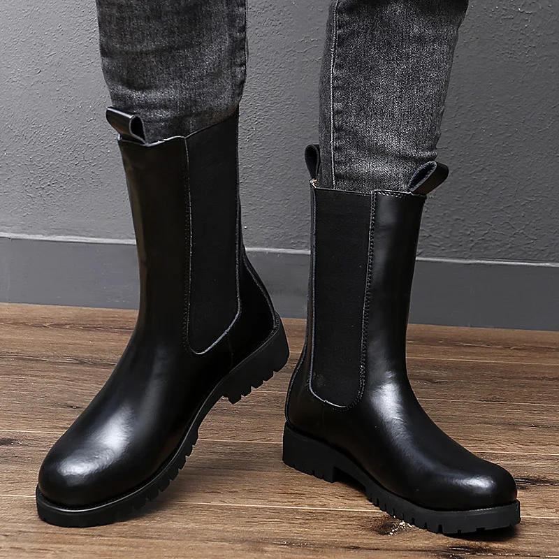 Men Black Medium Length Chelsea Boots with Elastic Sides Thick Sole Cotton Insulation Retro Simple Fashionable Boots（38-47）