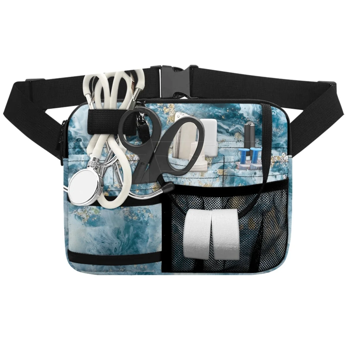 Blue Gradient Sea Pattern Operating Room Satchel Storage Medical Tools Waistpack Multi Pockets Zippers Crossbody Bags Handlebag