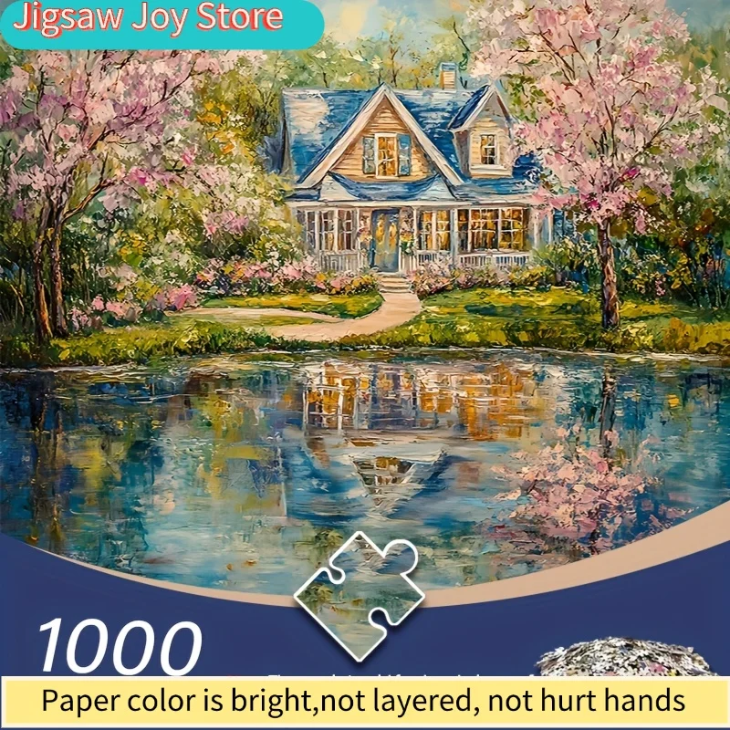 [Mini Jigsaw Puzzle] A Advanced Difficulty Mini Jigsaw Puzzle - Serene Lakeside House & Cherry Blossoms Scene, 14.96x10.24in,