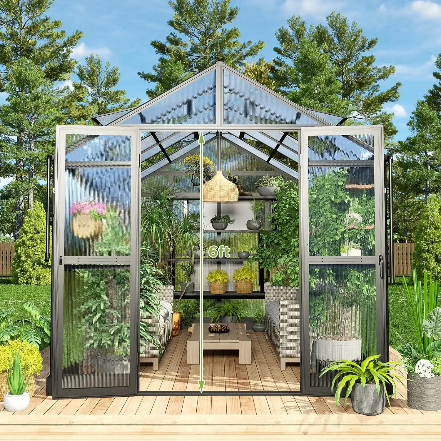 8x12/16x7.5 FT Polycarbonate Greenhouse Double Swing Doors 4 Vents 5.2FT Added Wall Height, Walk-in Large Aluminum Sunroom