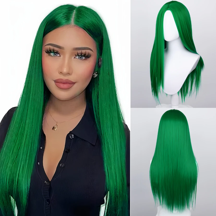 26-Inch Long Straight Green Synthetic Wig for Women - Heat Resistant Fiber, Middle Part, Full Wig Ideal for Party Cosplay