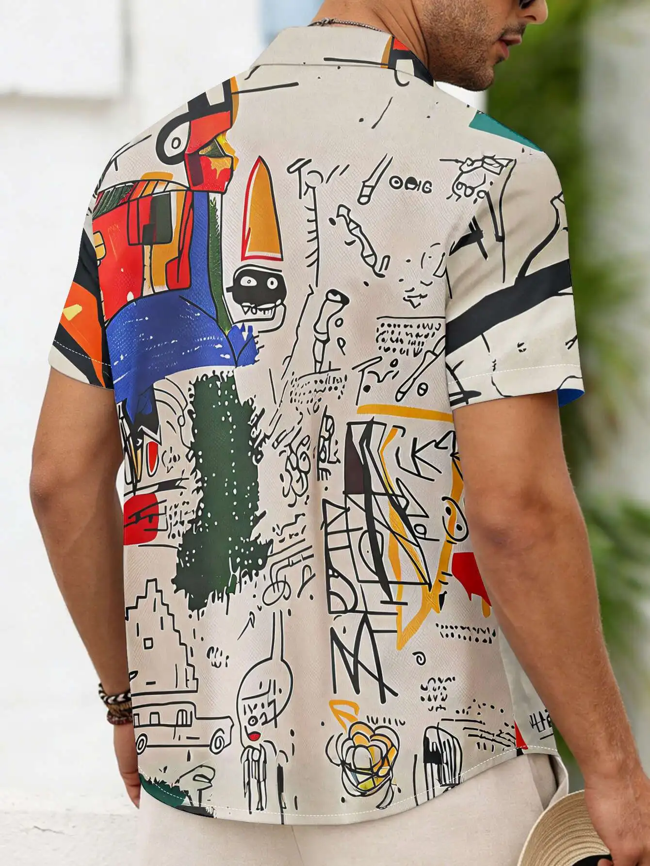 Men Abstract Color Block Graffiti Line Art Print Short Sleeve Turn-down Collar Shirt Summer Casual Button Down Streetwear Top