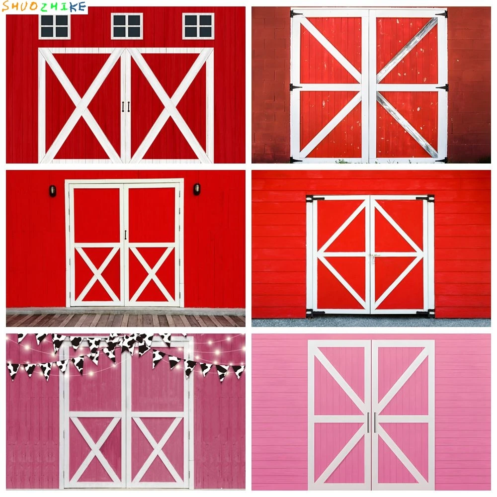 

Red Pink Rustic Farm Barn Door Backdrop Western Village Farmhouse Wood Door Birthday Party Photography Background Photo Studio