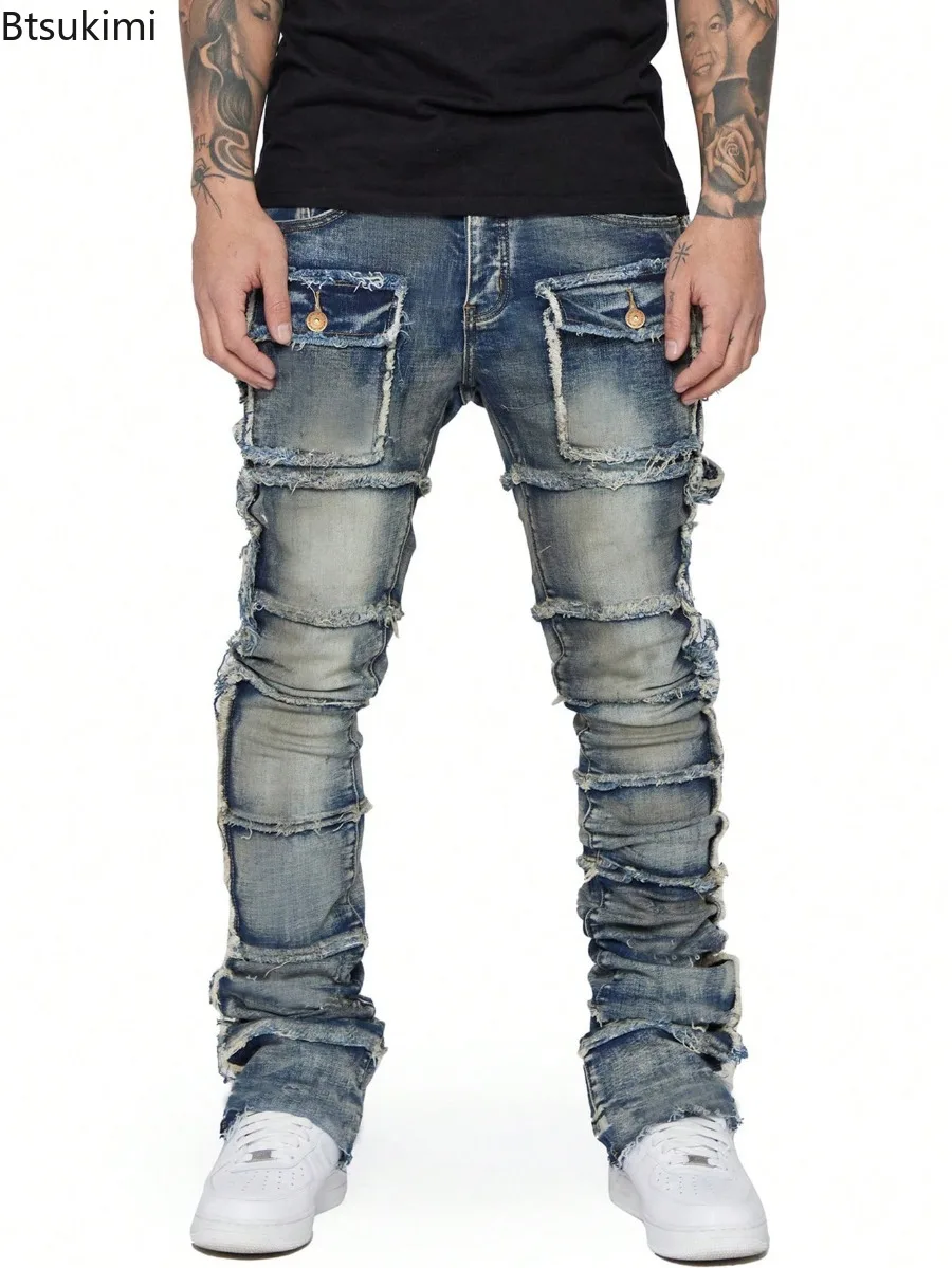 

Men's Fashion Slim Fit Ripped Jeans Distressed Patchwork Stacked Straight Leg Stretch Denim Pants with Pockets Retro Streetwear