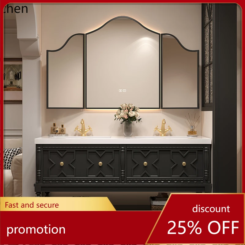 

HT retro floor-to-ceiling double basin bathroom cabinet combination rock slab seamless integrated basin toilet washstand