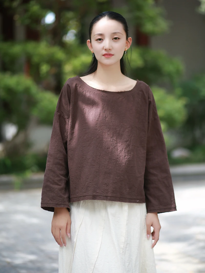 White Cotton Linen round Neck Shirt Zen Style Traditional Chinese New Fashion Women's Autumn Winter New Style Shirt Set