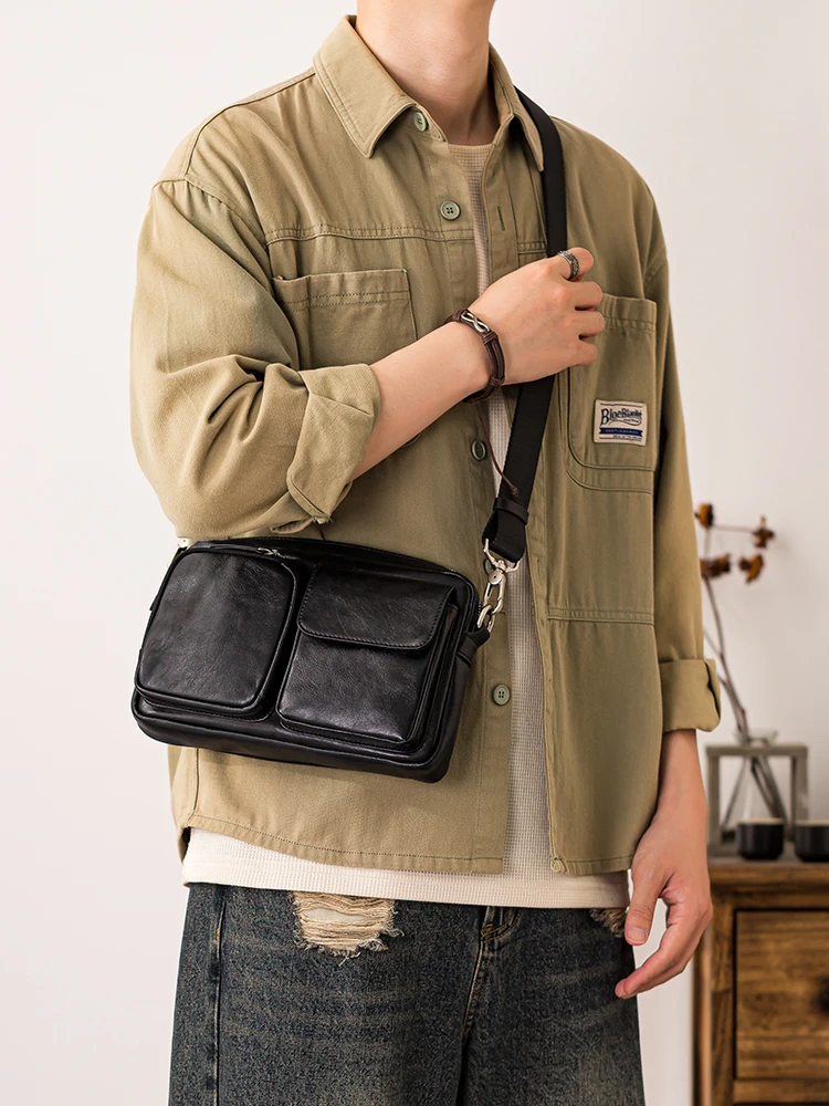 Outdoor riding luxury genuine leather men's crossbody bag business casual designer handmade cow leather black shoulder bag