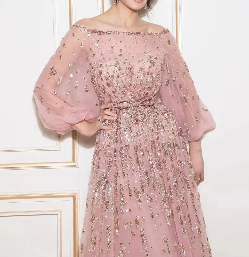 FATAPAESE Op maat gemaakte kristallen met kralen Boothals Gezwollen mouwen Kristallen Gouden pailletten Alle overdekkingskleding Speciale gelegenheden