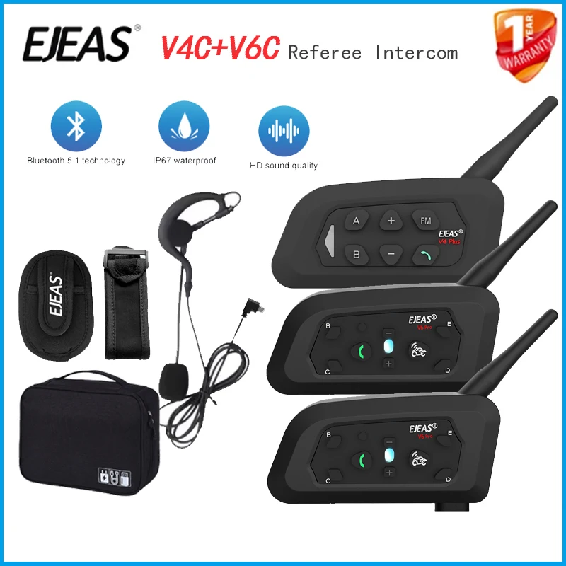 EJEAS 1Pcs V4C Plus+2Pcs V6C Pro+ 3 Referee Intercom Headset 1200M Soccer Full Duplex Bluetooth Conference Interphone +Handbag