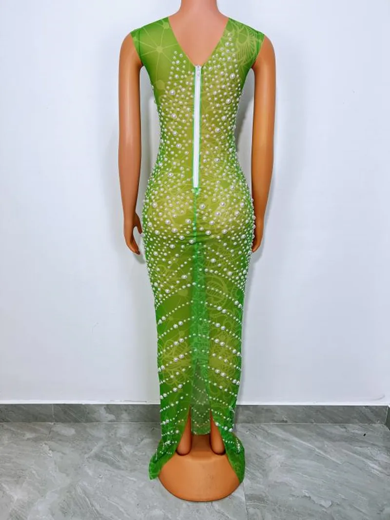 Zielony nadruk Białe perły Urodziny Świętuj Długa sukienka Bez rękawów Siateczka Przezroczysta Tancerka Pokaż Festiwal Odzież