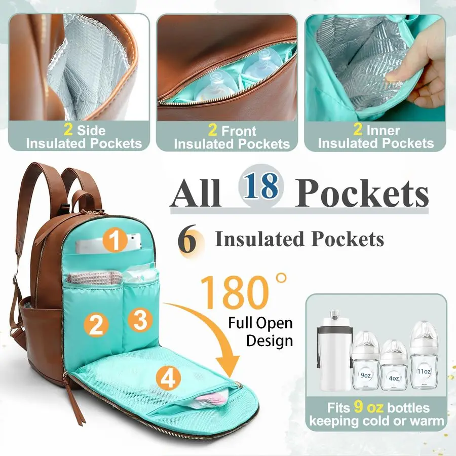 Mochila para fraldas com 6 bolsos isolados, bolsa para fraldas de couro, bolsa grande para bebês para mamãe, registro de bebê, 18 bolsos, troca Pa
