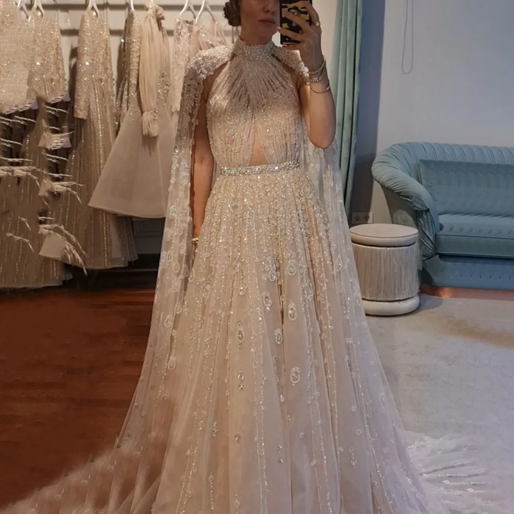 Serene Hill Dubai Arabic  Nude A Line Beaded Evening Dresses With Cape Sleeves Gowns For   Wedding Party 2024 LA71803 Customized