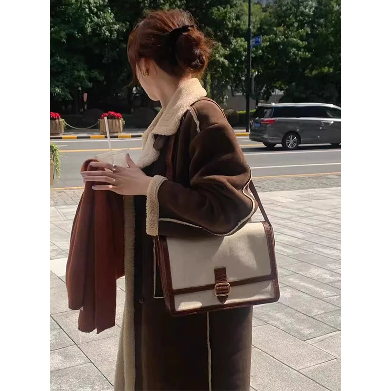 [EWQ] Vintage Contrast Colors Spliced Faux Fur Coat Long Sleeve Thick And Warm Women Winter Woolen Coat 2024 Autumn New 16O2380