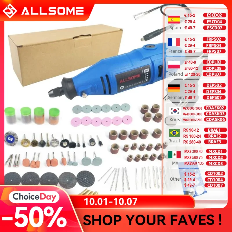 Allsome-mini furadeira elétrica 180w, máquina de gravura dremel, máquina de polimento, velocidade variável, ferramenta rotativa com acessórios 148pcs ht2831