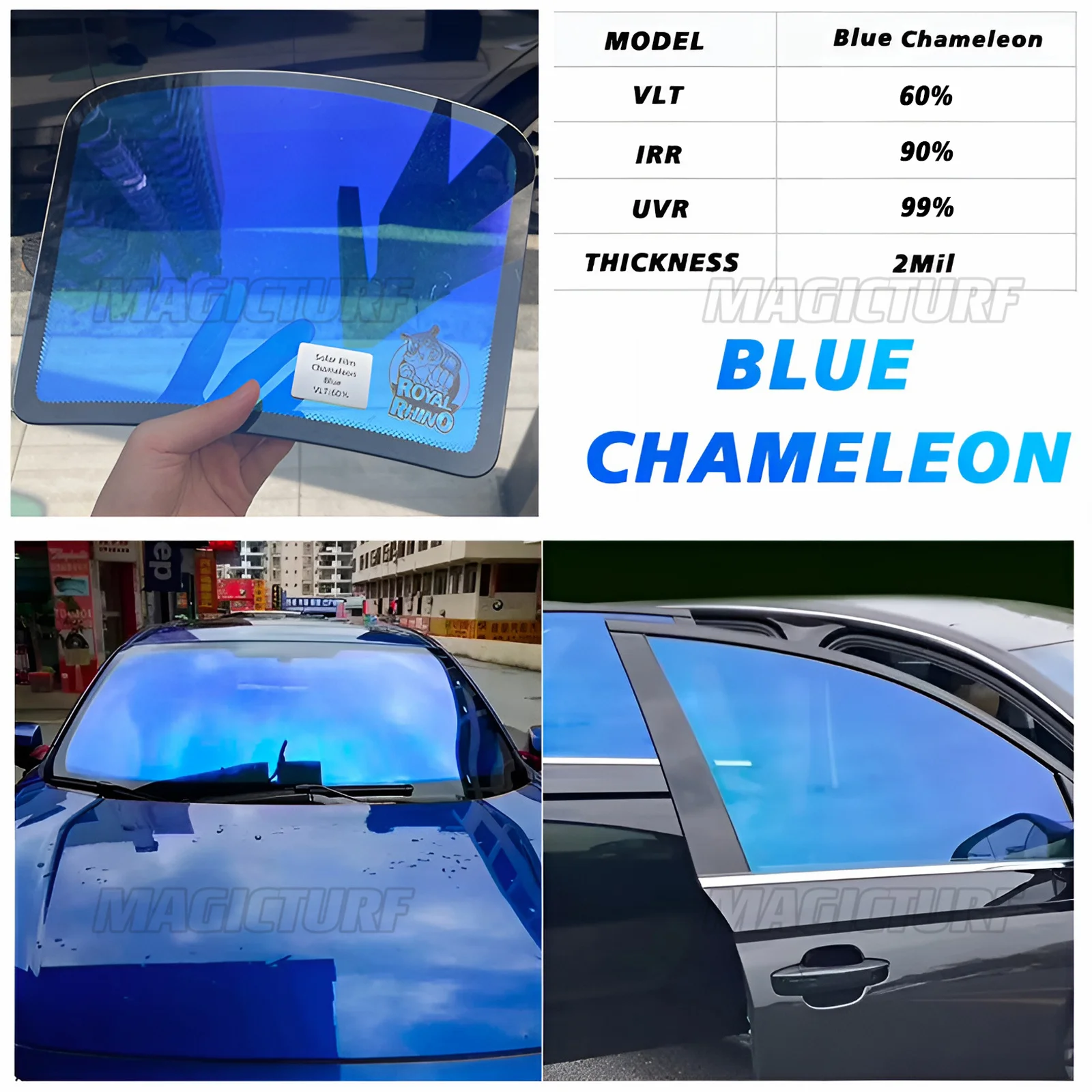 Blue Chameleon VLT 60% Car Windshield Tint Solar Protection Film Anti UV 99% Decorative Protective Foils For Car Windows