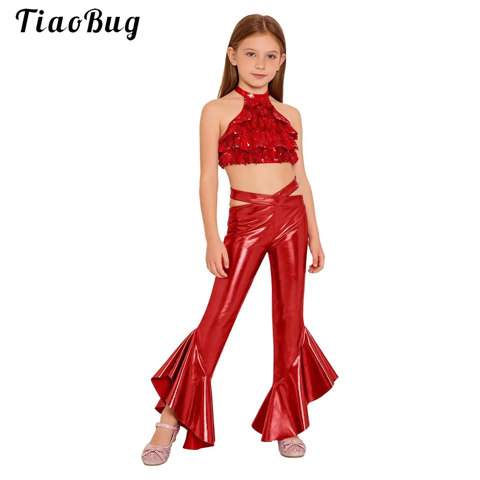 

Kids Girls 70S Disco Hippie Costume Outfit Sleeveless Shiny Sequin Backless Crop Top with Ruffles Flared Pants Jazz Dancewear