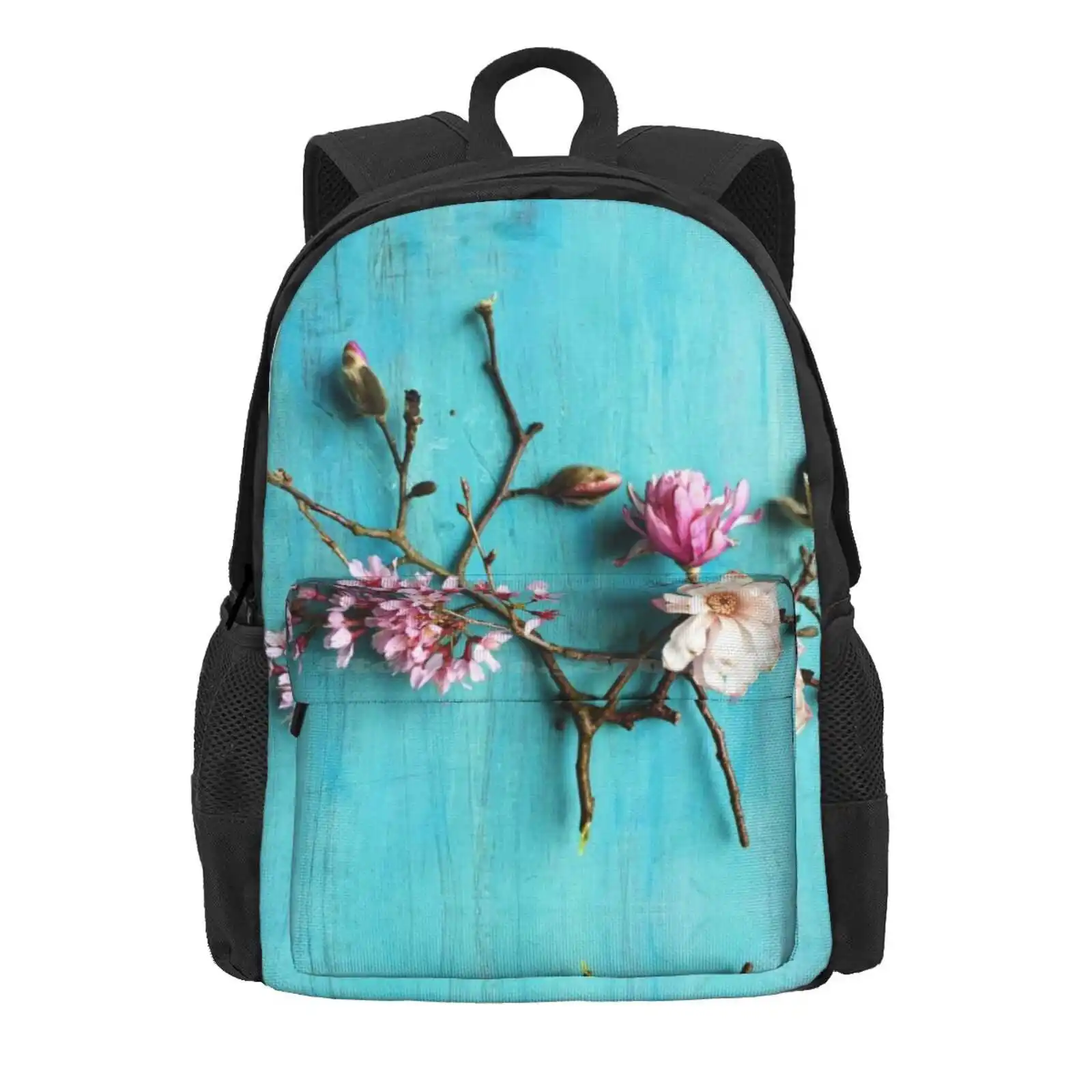 Flowers Of Spring Hot Sale Schoolbag Backpack Fashion Bags Spring Still Life Colorful Happy Aqua Turquoise Blue Floral Flowers image 2