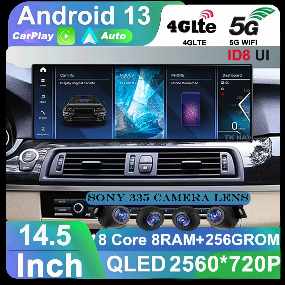 

14,5-дюймовый автомобильный мультимедийный QLED-экран Android 13 Carplay для BMW 5 серии F10 F11 F12 F15 F18 CIC NBT ID8 GPS WIFI 4G BT