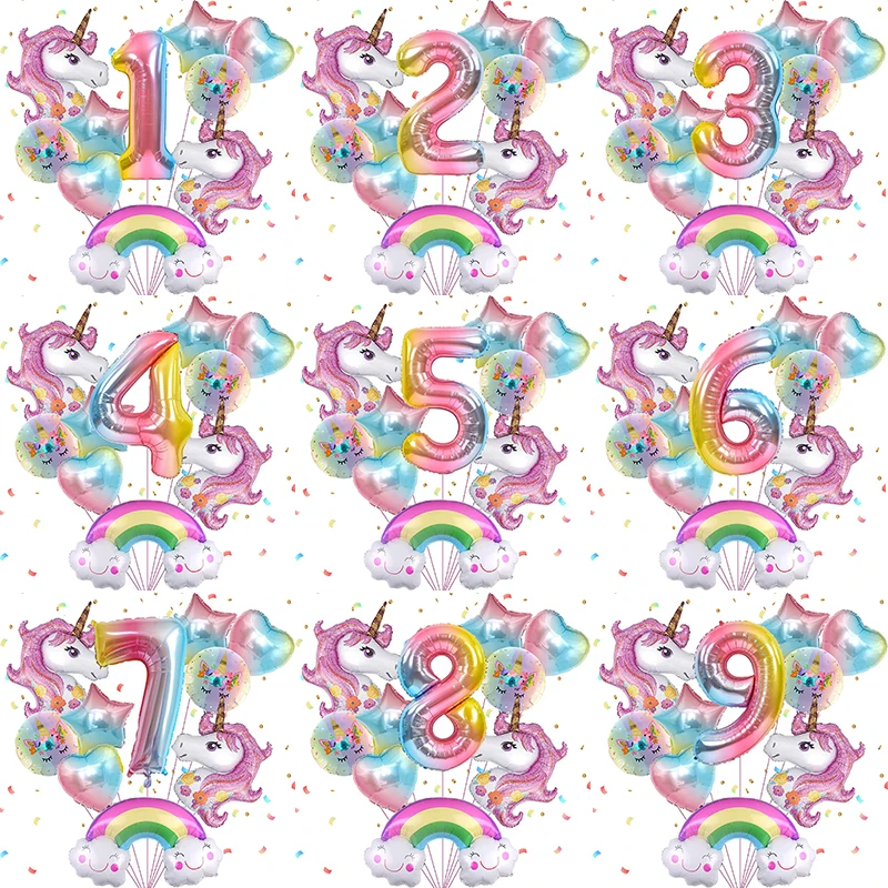 10pcs Unicorn Foil Balloons Set Digit 1-9 Macaron Rainbow Cloud Balloons Baby Shower Wedding Girls Birthday Party Decorations