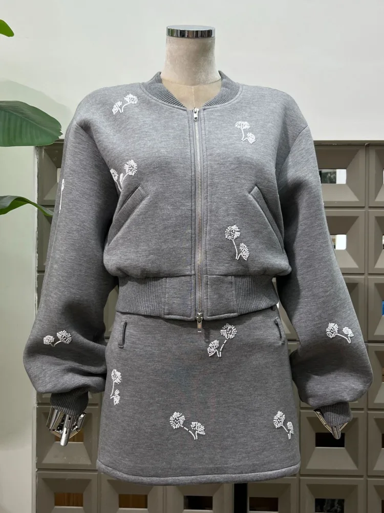 

DFDG Women’s 2025 Slim Fit Embroidered Cropped Jacket Bodycon Skirt 2 Piece Set Grey Spring Summer Fashion Elegant Casual Set