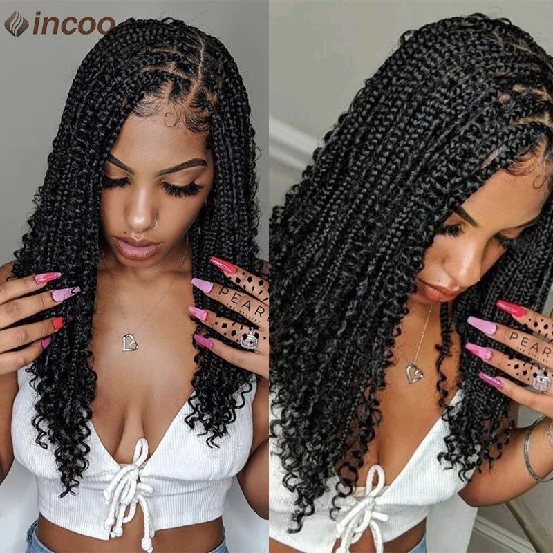 Short Bohemian Curly Braided Full Lace Front Wigs Knotless Box Braid Bob Wig For Women 12' Synthetic Locs Goddess Cornrow Braids