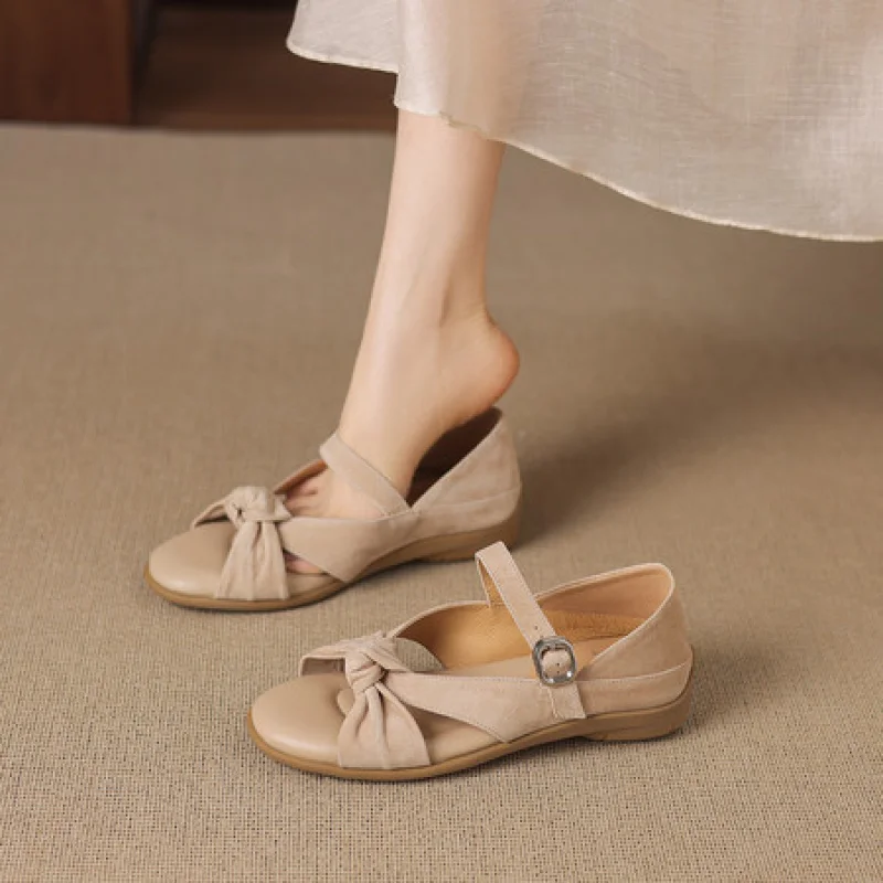 

Women's Genuine Sheepskin Suede Ankle Sandals Low Block Heel 4cm Breathable Real Leather Pigskin Lining Comfortable Casual