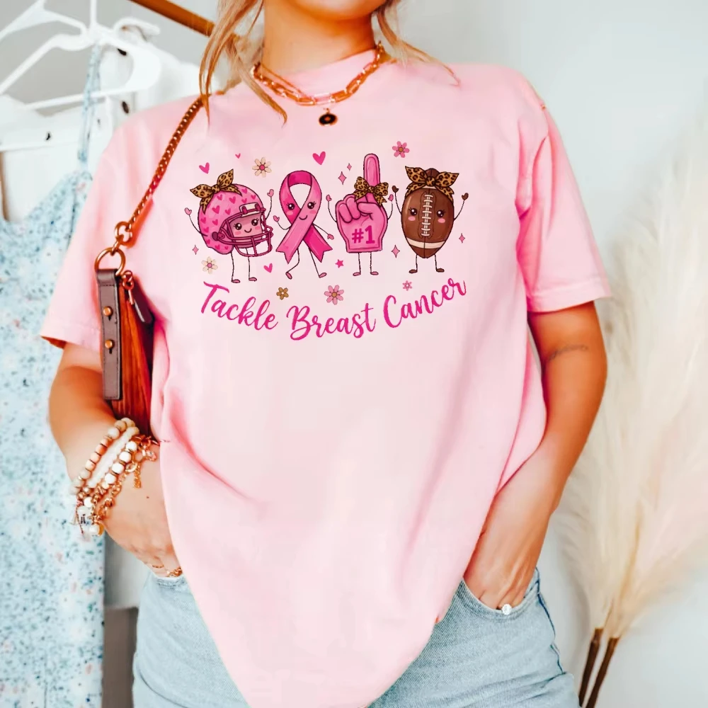 Tackle Breast Cancer Graphic T-Shirt Pink Ribbon Leopard Print Tee Football Bow Game Day Awareness Design Cotton Casual Tshirt