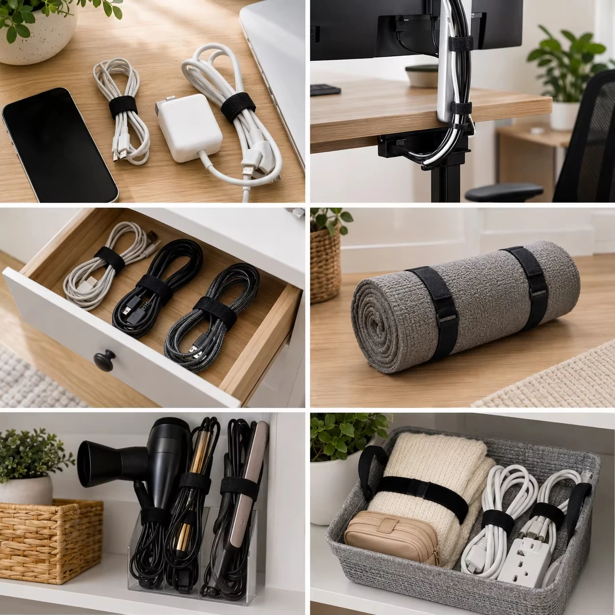 Schwarze Klettbänder wiederverwendbar aus Nylon Haken und Schlaufen Kabelbinder verstellbare Drahtbefestigung Spannbänder Kabelorganizer hält Leitungen geordnet verhindert Verwicklungen geeignet für Haus Büro Elektroni – Detail 4